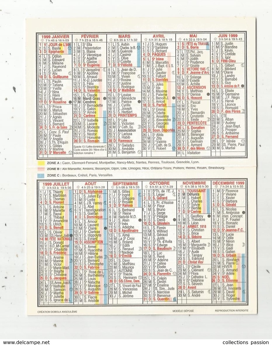 JC , Calendrier ,petit Format ,1999 ,pharmacie De L'Université ,Angers,papillon,papilio Vanillae, 2 Scans - Petit Format : 1991-00