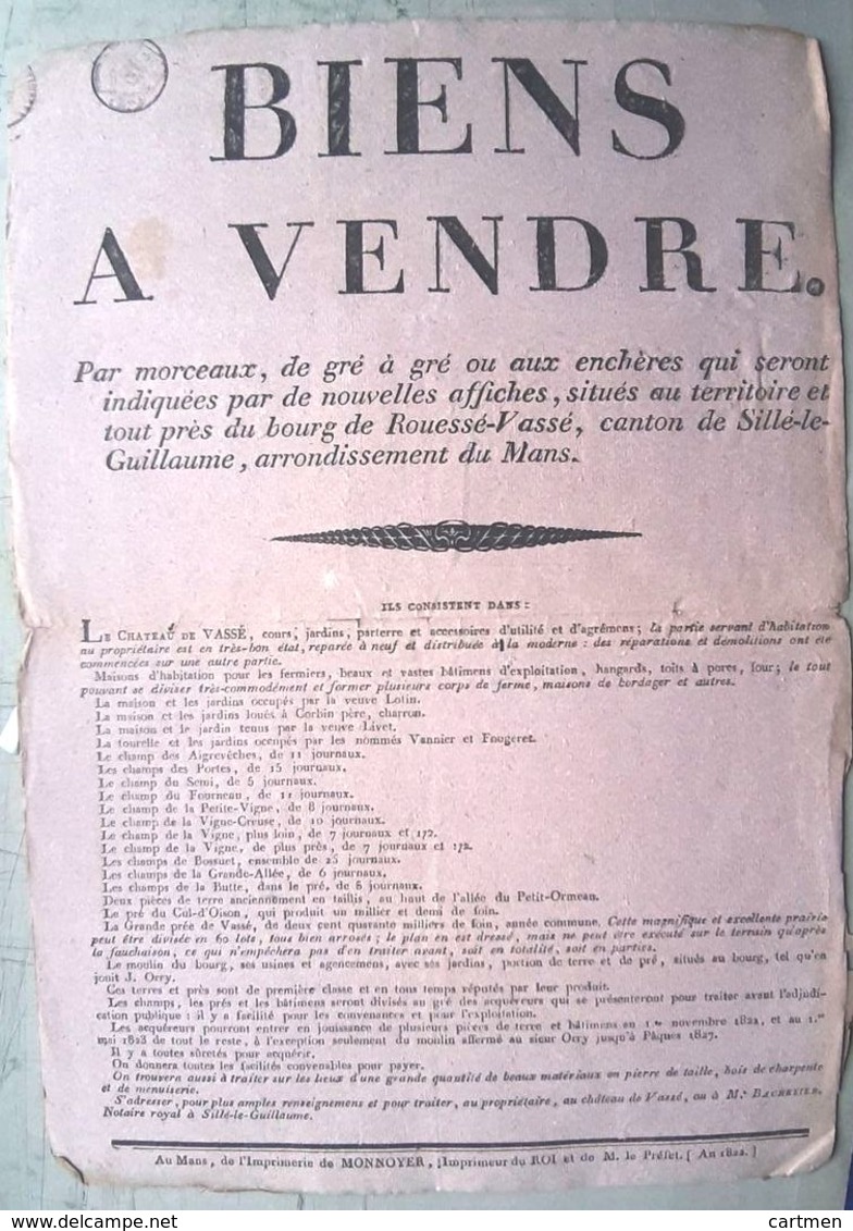 72 SILLE LE GUILLAUME ROUESSE 1827 AFFICHE PLACARD BIENS A VENDRE  MAITRE BACHELIER   30 X 43 CM  PAPIER CHIFFON - Documents Historiques