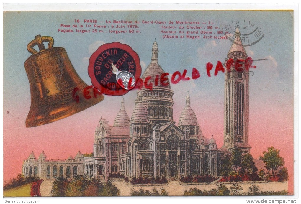 75018 - 75 - PARIS - LA BASILIQUE DU SACRE COEUR DE MONTMARTRE - AVEC MEDAILLE SOUVENIR- CLOCHE - CACHET AU VERSO - Arrondissement: 18