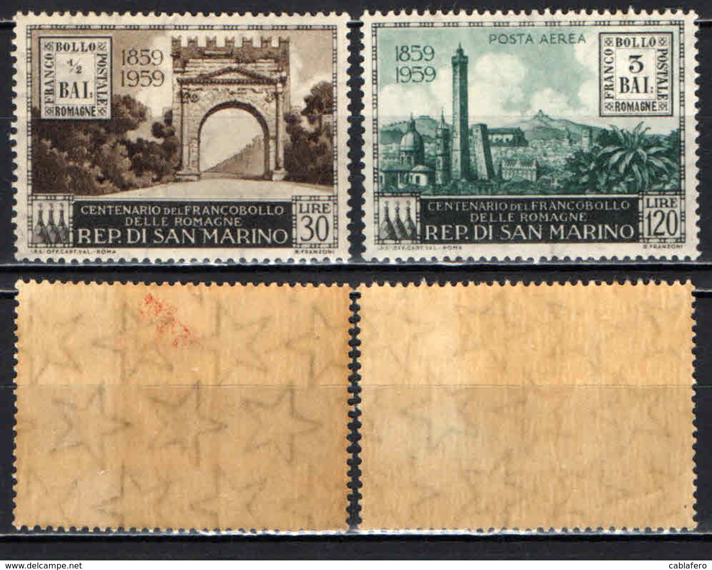 SAN MARINO - 1959 - CENTENARIO DEI FRANCOBOLLI DELLE ROMAGNE - GOMMA BRUNITA - MNH - Nuevos