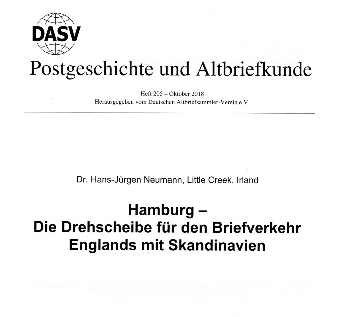 Hamburg Drehscheibe F. D. Briefverkehr Englands Mit Skandinavien - Von Dr. Hans-Jürgen Neumann (DASV) PgA 205 Aus 2018 - Philatelie Und Postgeschichte