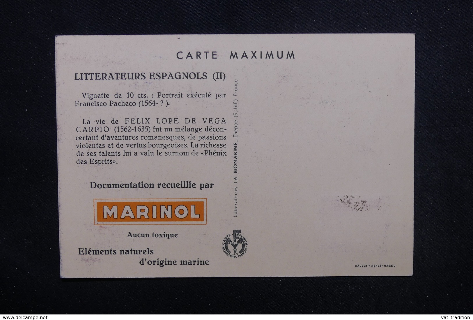 ESPAGNE - Carte Maximum En 1954 , édition Marinol De Dieppe - Felix Lope De Vega Carpio - L 53452 - Tarjetas Máxima