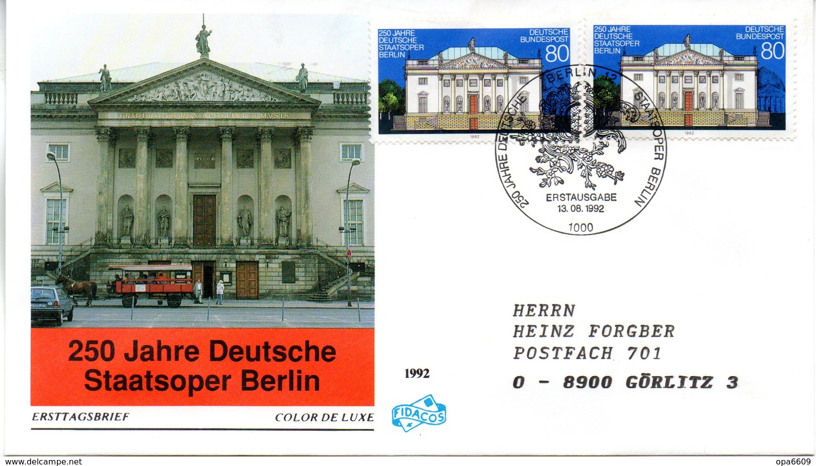 BRD Schmuck-FDC "250 Jahre Deutsche Staatsoper Berlin" Mi. 2x 1625 ESSt 13.8.1992 BERLIN 12 - Other & Unclassified