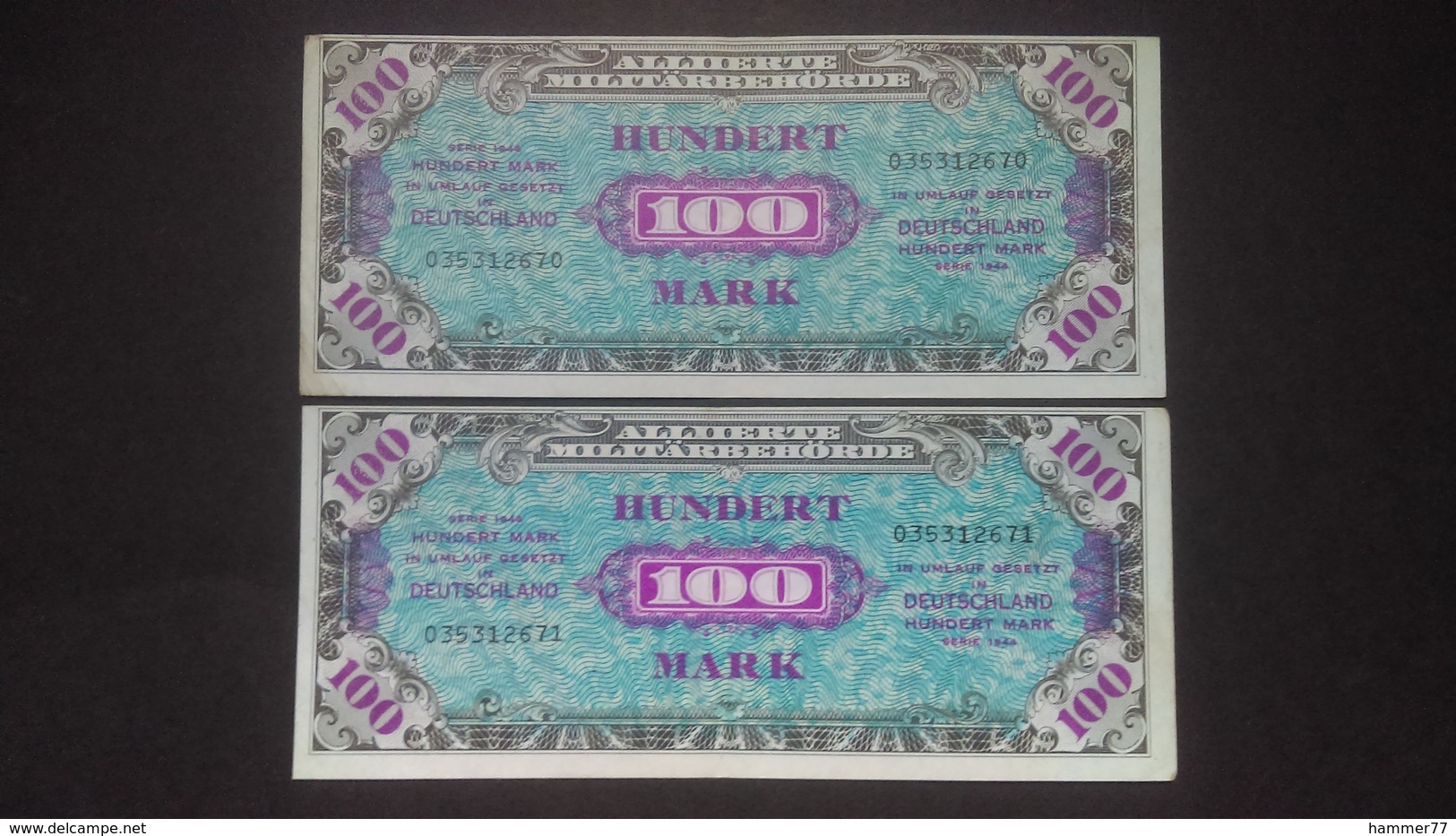 Germany 1944: Allied Occupation 2 X 100 Mark With Consecutive Serial Numbers - 100 Mark