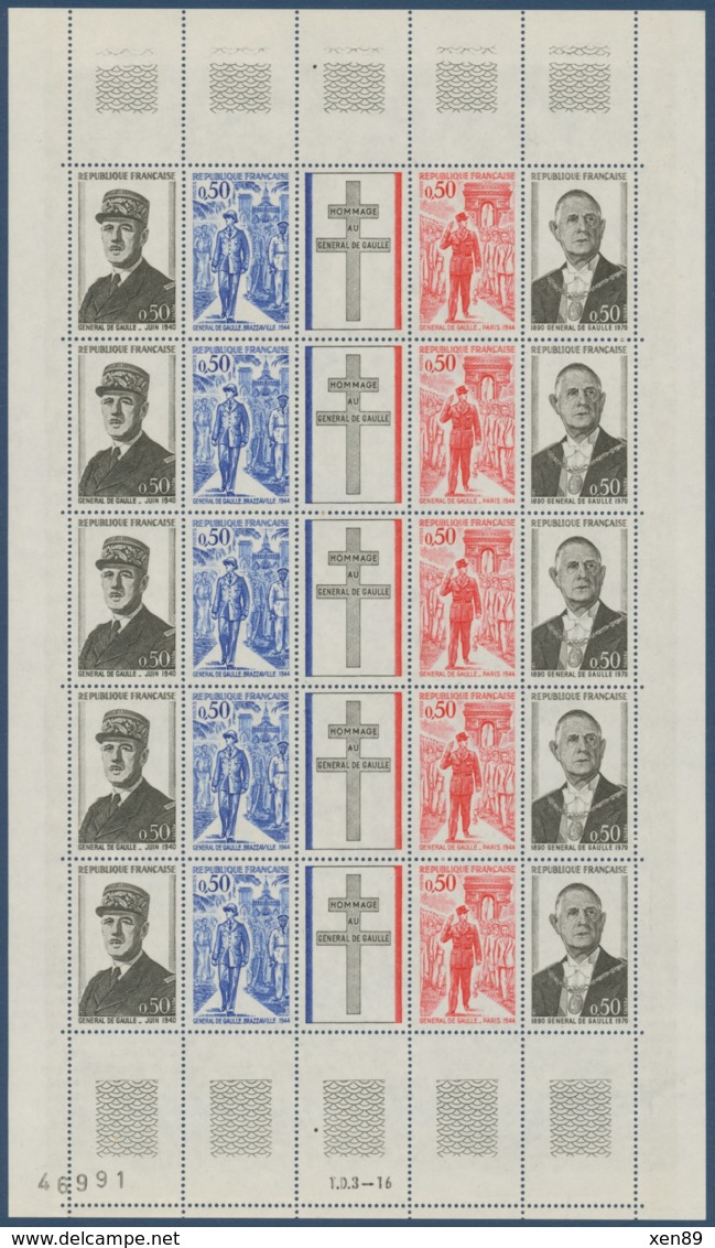 1971 - FEUILLE 1695 - Anniversaire De La Mort Du Général De GAULLE - NUMERO FEUILLE 46991 -- DEFAUT -- - Fogli Completi