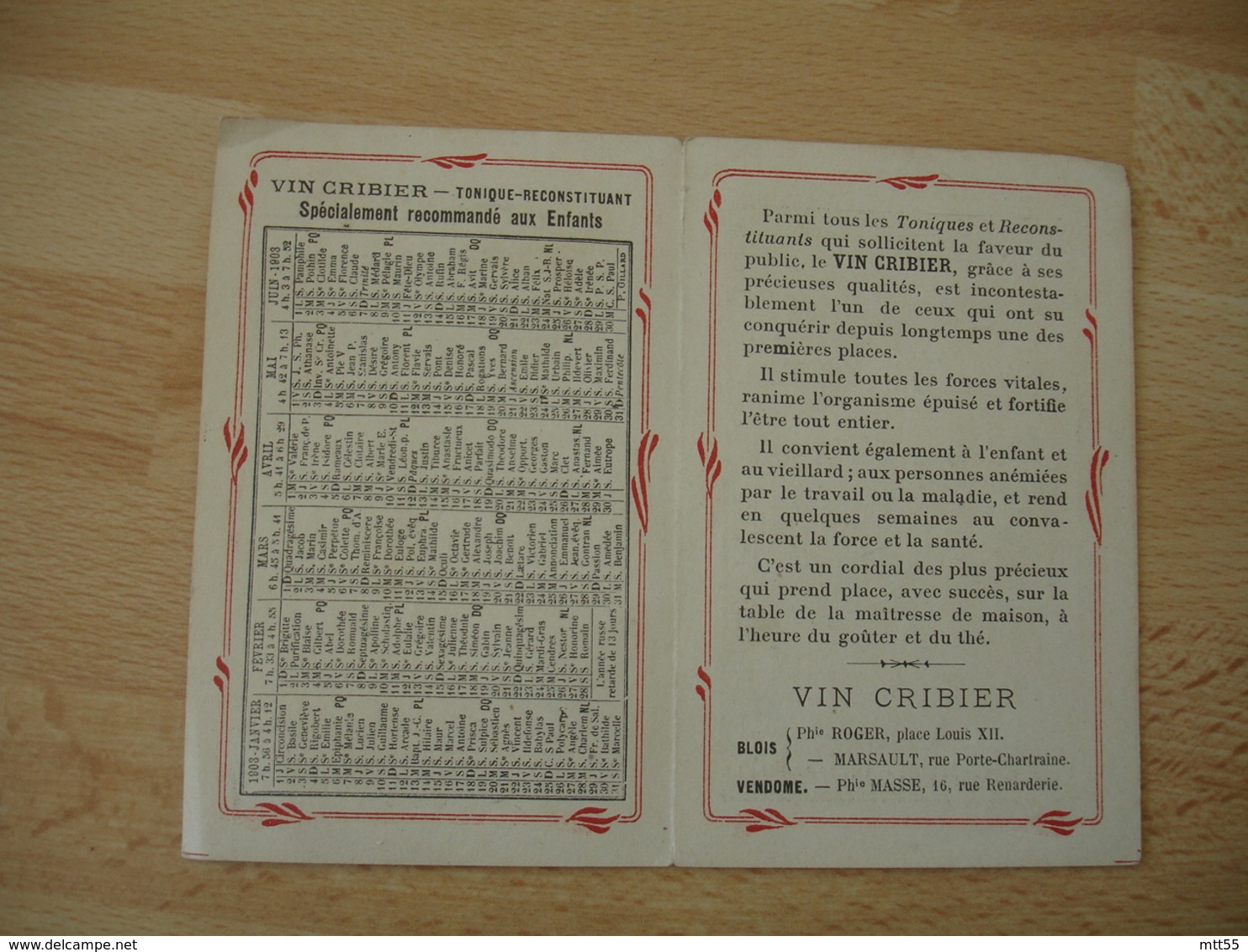 Calendrier 1903 Vin Cribier  Tonique Reconstituant Recommande Pour Enfant - Kleinformat : 1901-20