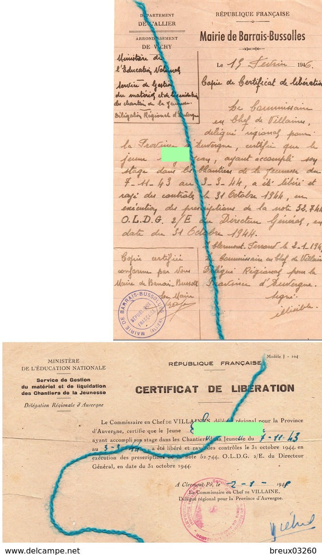 Documents-    "  Certificat De Libération- Chantiers De La Jeunesse "- - Guerre De 1939-45