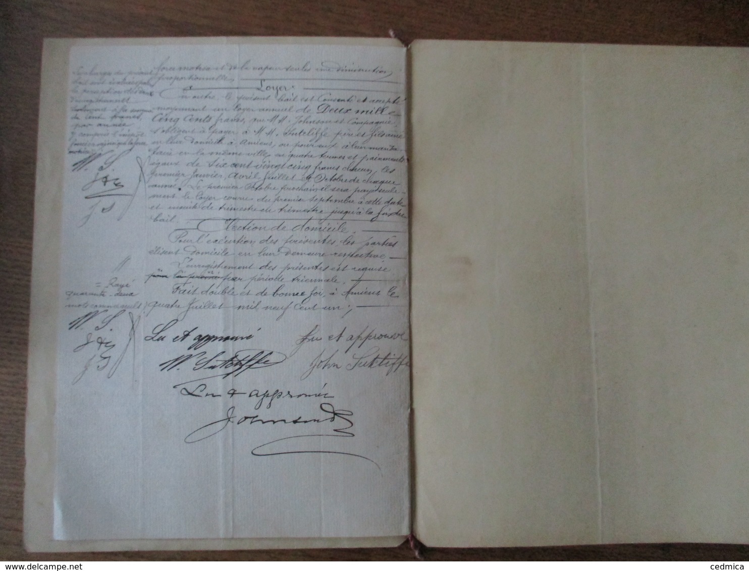 AMIENS LE 4 JUILLET 1901 BAIL PAR MESSIEURS SUTCLIFFE A MESSIEURS JOHNSON & Cie PROPRIETE RUE VASCOSAN N°51 FABRIQUE Et - Manuscrits