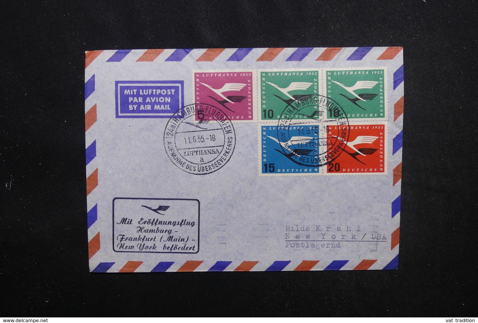 ALLEMAGNE - Enveloppe De La Réouverture Aérienne De Hamburg Pour Les USA En 1955,  Affranchissement Plaisant - L 53484 - Covers & Documents