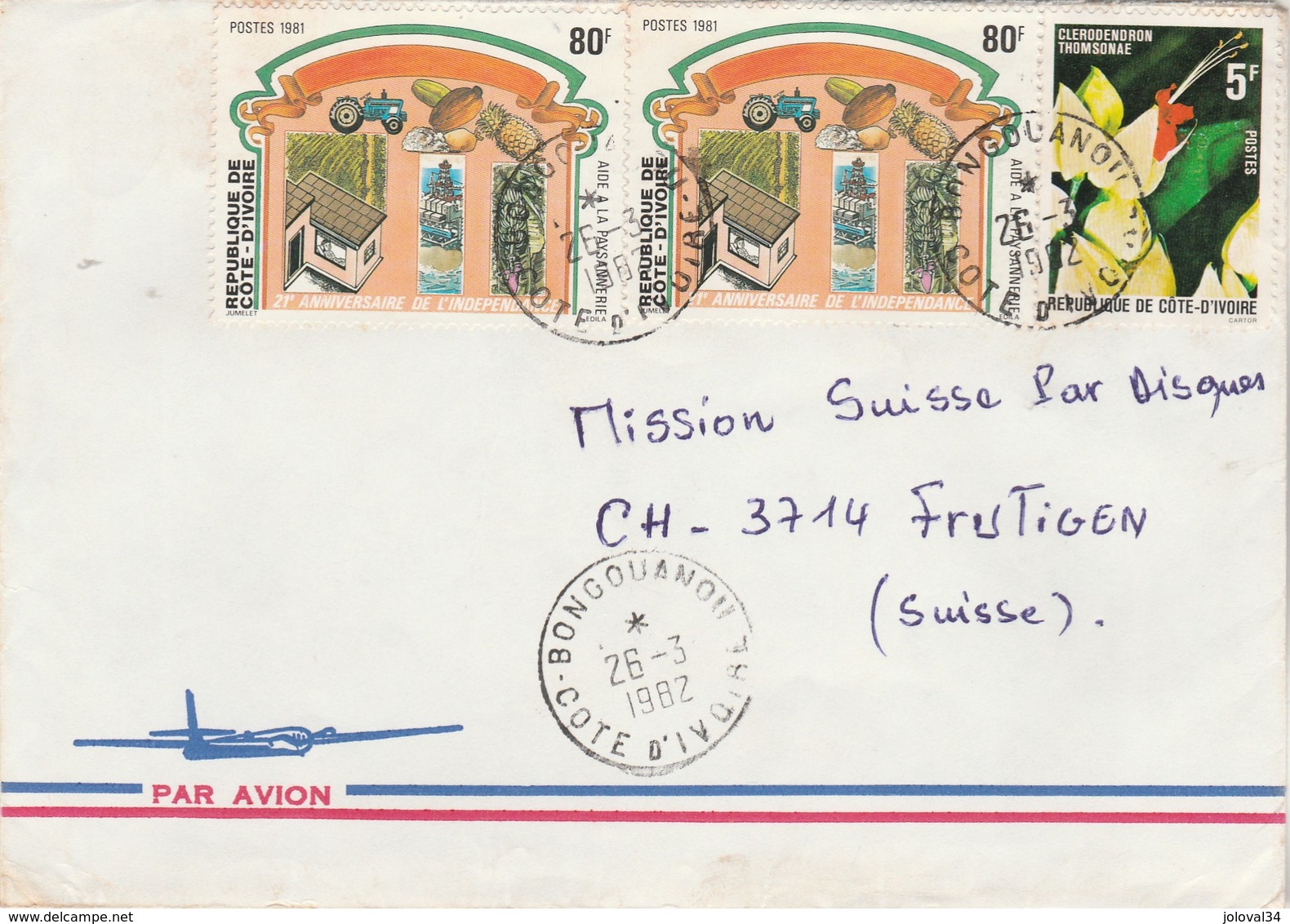 Côte D' Ivoire - Lettre BONGOUANOU 26/3/1982 Pour Frutigen Suisse - Fleurs Indépendance - Côte D'Ivoire (1960-...)