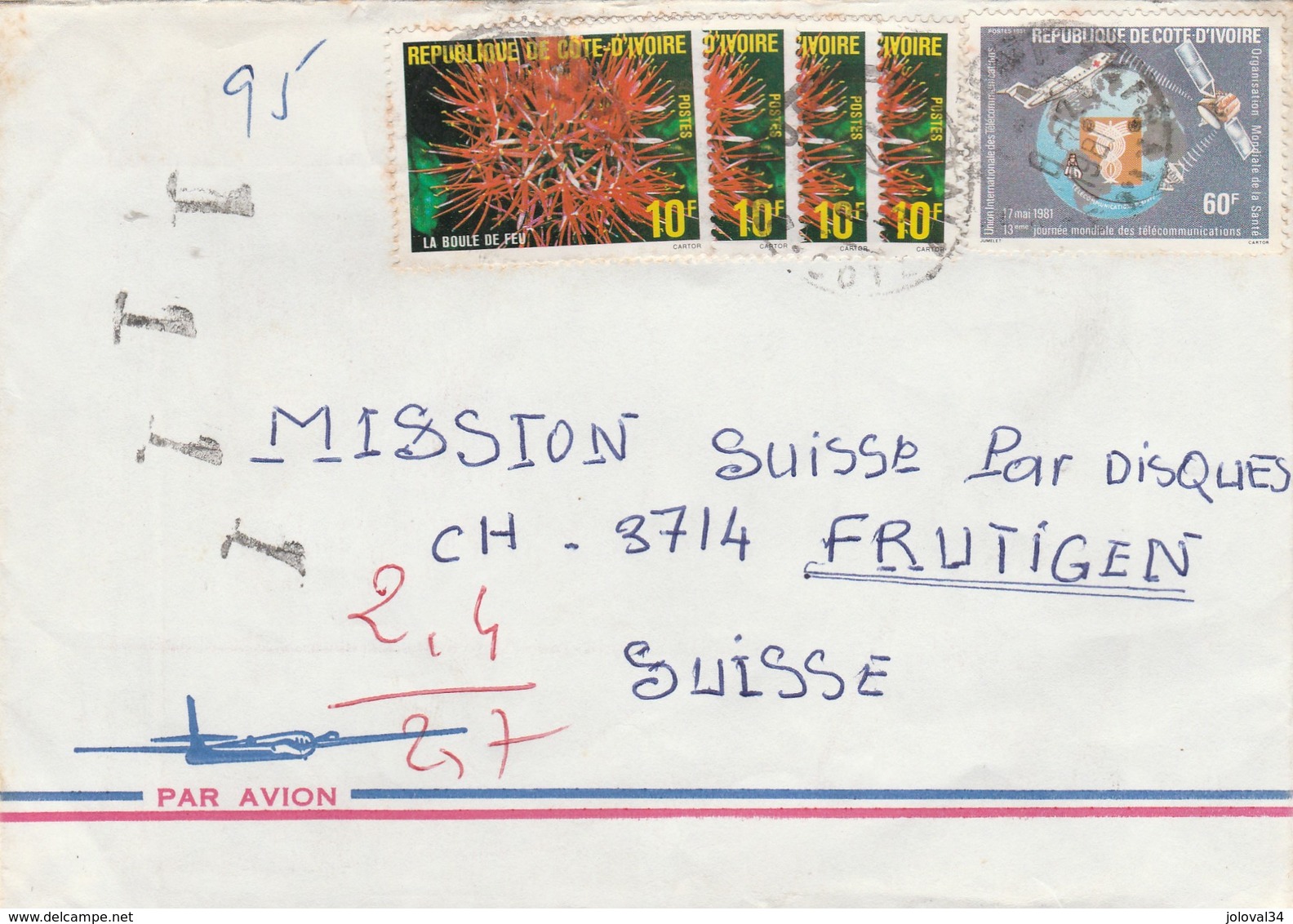 Côte D' Ivoire - Lettre 1981 Taxée  Pour Frutigen Suisse - Fleurs- Télécommunications Avion Satellite Espace - Côte D'Ivoire (1960-...)