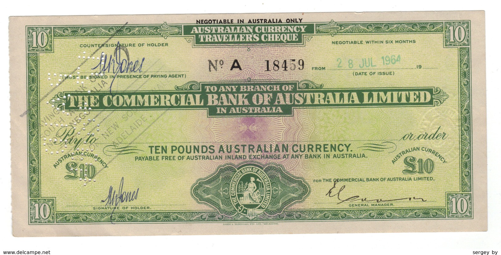 Australia :: Traveller's Cheque 10 Pounds 1964 - Other & Unclassified