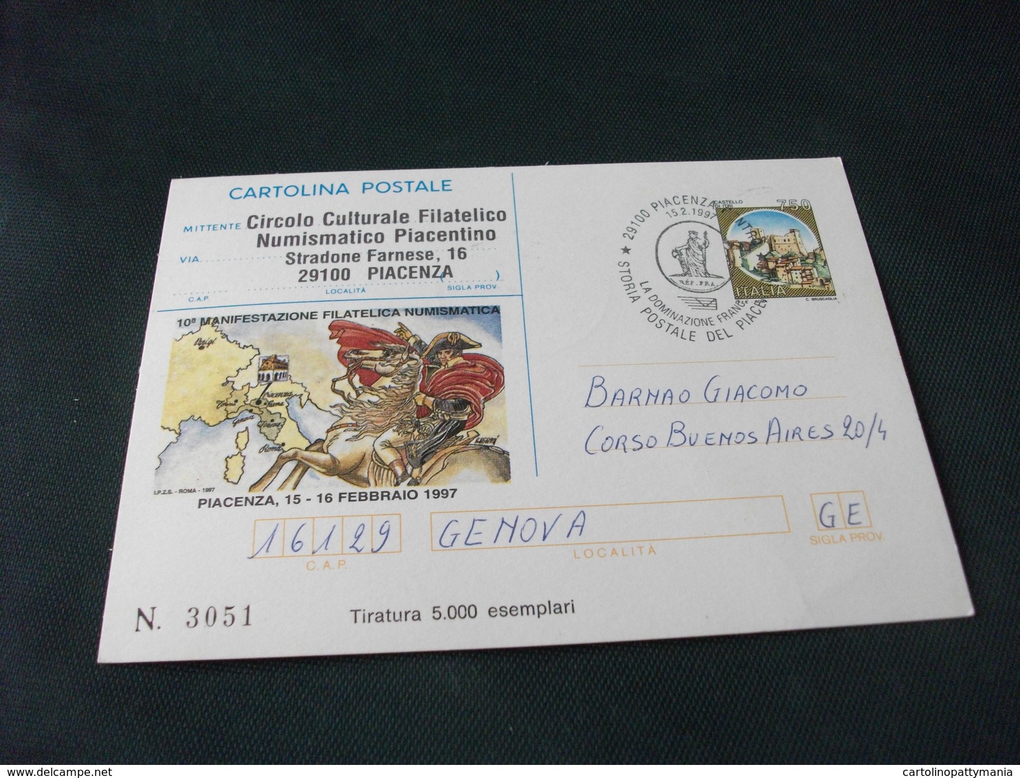 CARTOLINA POSTALE ITALIANA NAPOLEONE PIACENZA 1997 TIRATURA 5000 ESEMPLARI STORIA POSTALE - Uomini Politici E Militari