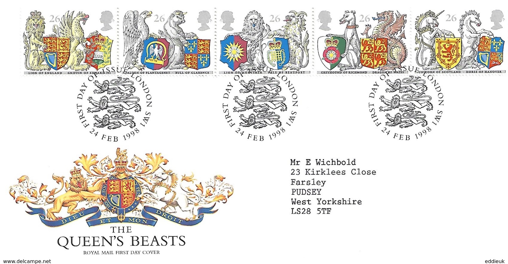 GB FDC 1998 "Queens Beasts" S/HS - 1991-2000 Decimal Issues