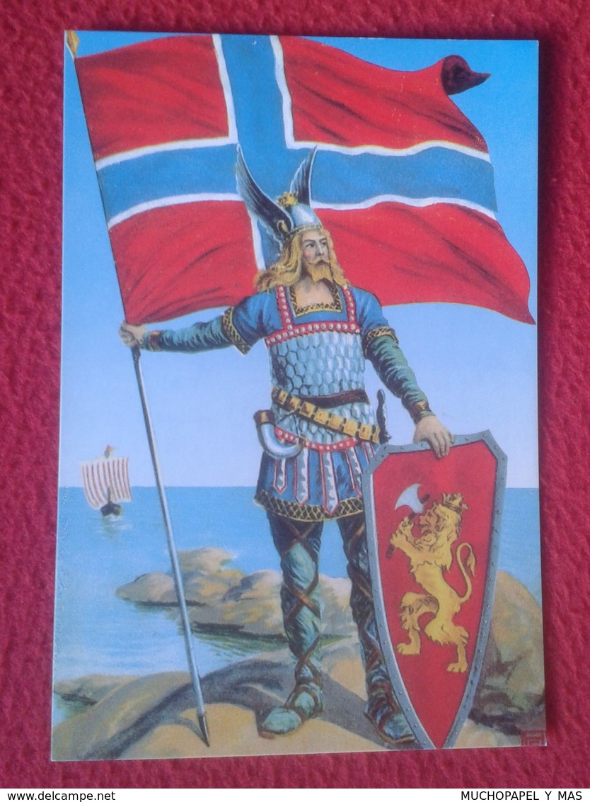 POSTAL POST CARD NORUEGA NORGE NORWAY GAMLEDAGER'S POSTKORT REY VIKINGO ? CON BANDERA FLAG Y ESCUDO VIKING KING ? VER... - Noruega