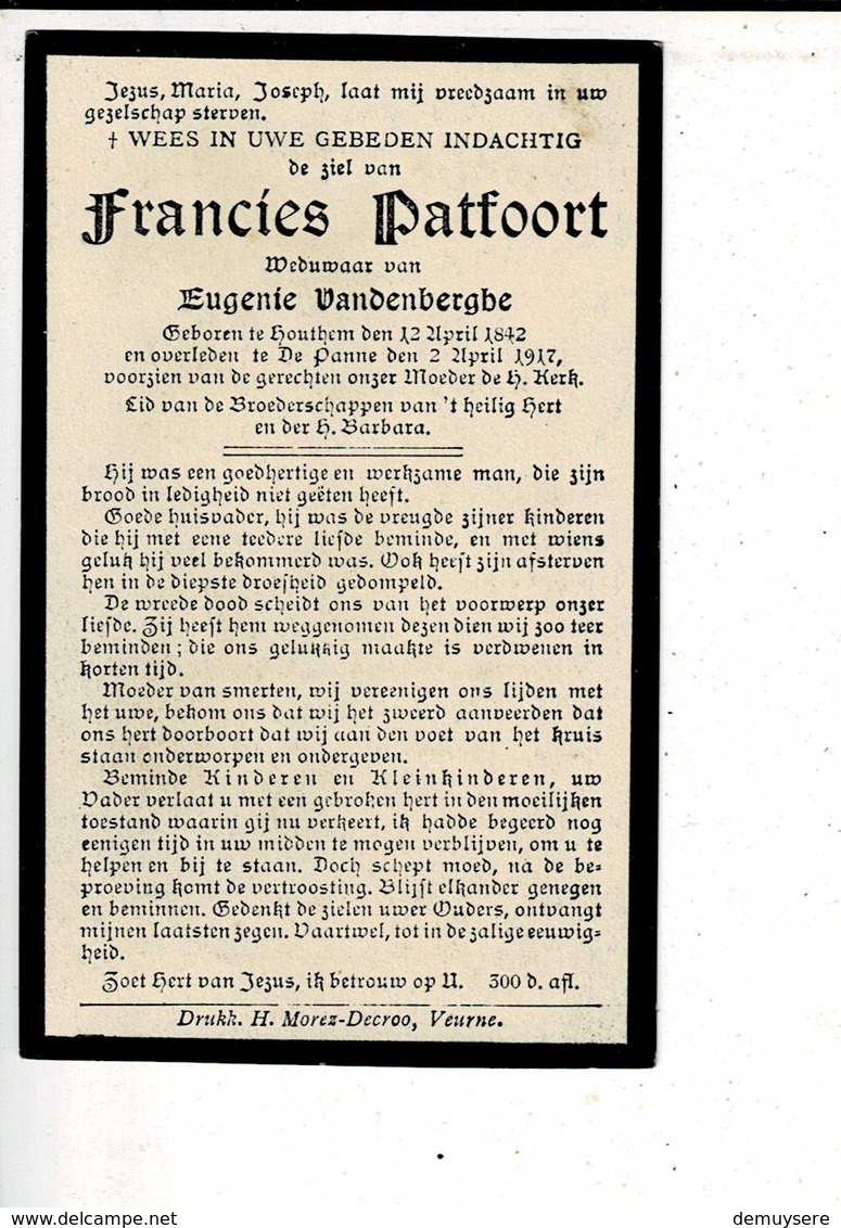 DP 10159 - FRANCIES PATFOORT - VANDENBERGHE - HOUTHEM 1842 + DE PANNE 1917 - Images Religieuses