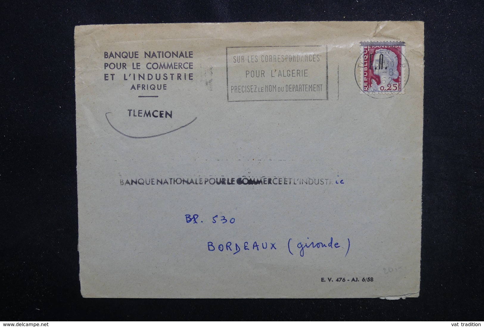 ALGÉRIE - Type Decaris Surchargé EA Sur Enveloppe De Tlemcen En 1962 Pour La France - L 53544 - Algérie (1962-...)