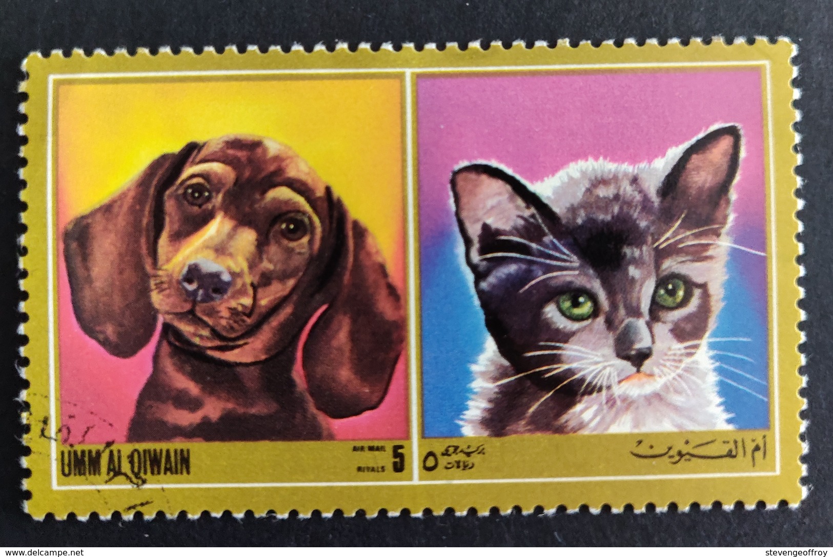 Umm Al Qiwan 1972 UM 673A Dog And Cat  Animaux Faune | Chats | Chiens - Umm Al-Qiwain