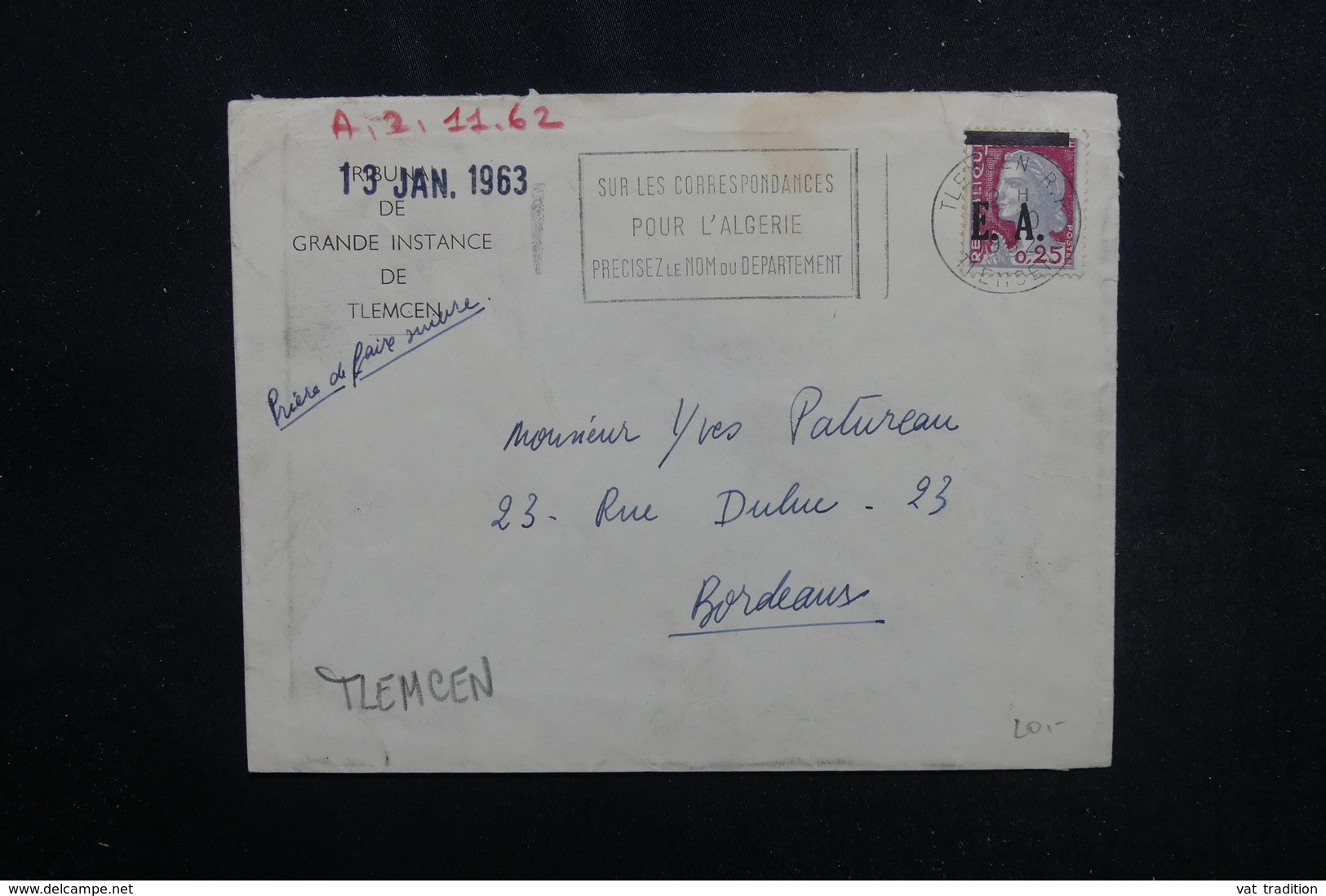 ALGÉRIE - Type Decaris Surchargé EA Sur Enveloppe De Tlemcen En 1962 Pour La France - L 53546 - Algérie (1962-...)