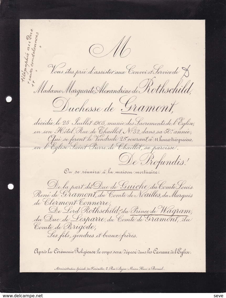 PARIS Marguerite De ROTHSCHILD Duchesse De GRAMMONT 50 Ans 1905 Hôtel Rue De Chaillot - Décès