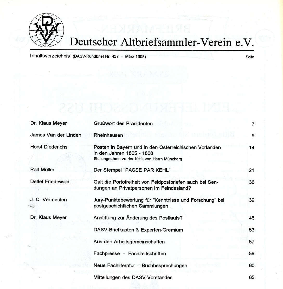 Altbriefsammlerverein (DASV) Rundbrief 437 Aus 1998 U. A. Der Stempel "PASSE PAR KEHL" - Deutsch (ab 1941)