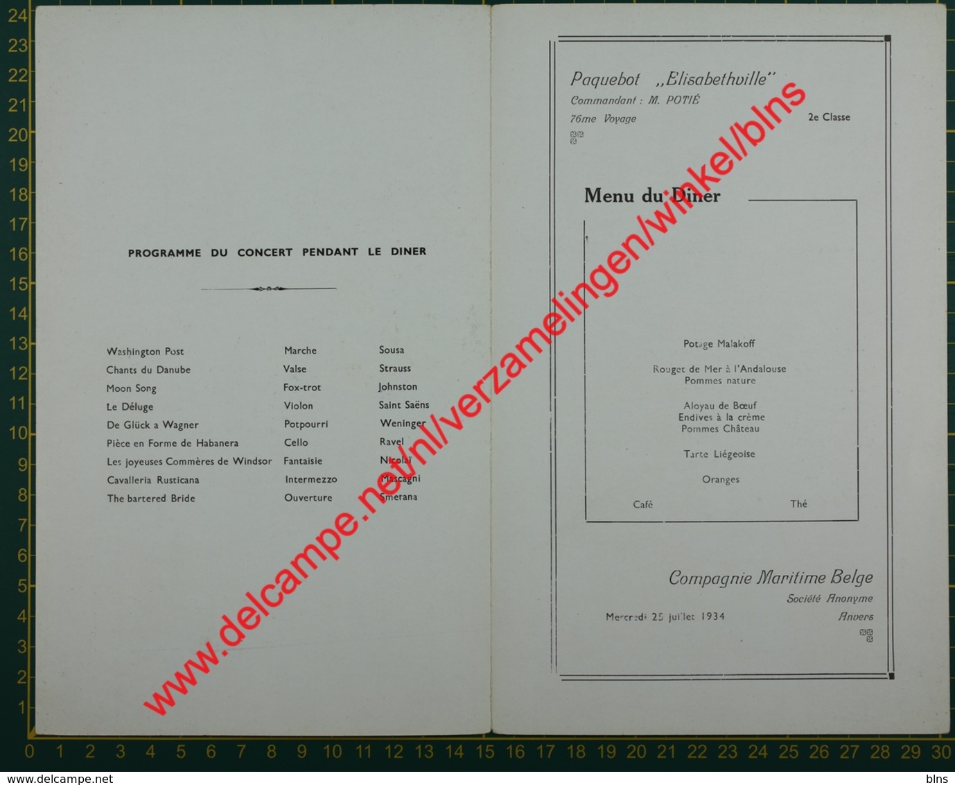 Paquebot Elisabethville - 25 Juillet 1934 - Compagnie Maritime Belge - CMB - Menu - Menus