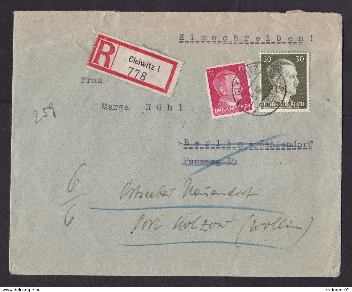 Germany: Registered Cover, 1942, 2 Stamps, Hitler, R-label Gleiwitz, Now Gliwice In Poland, Silesia (damaged) - Brieven En Documenten