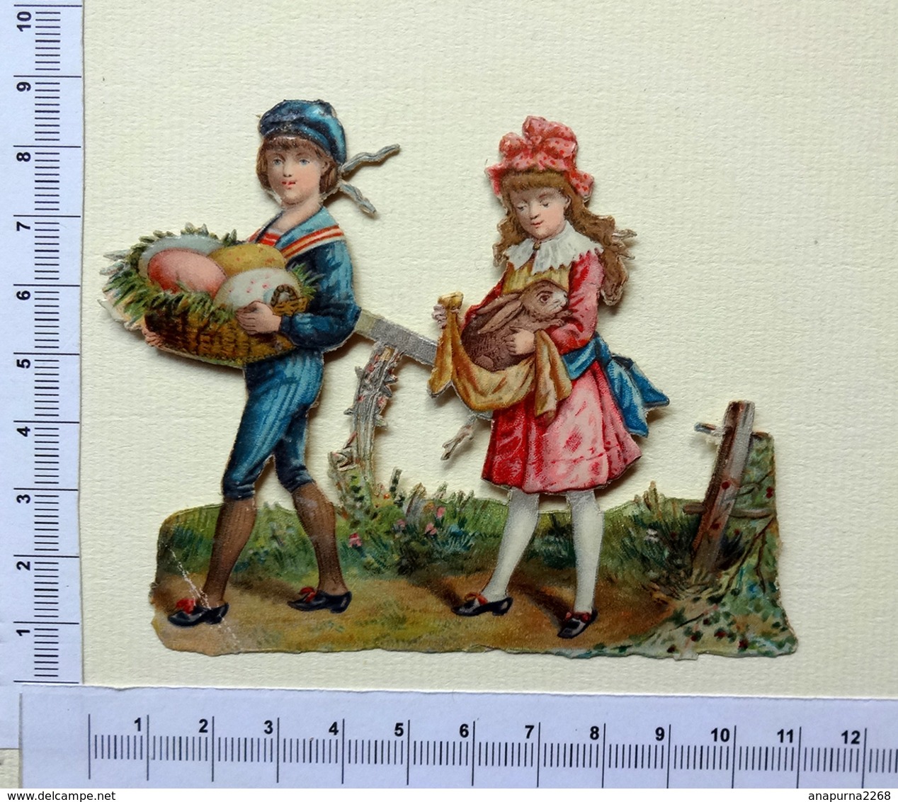 CHROMO DECOUPI ..ENFANTS AVEC UN PANIER D’ŒUFS ET UN LAPIN - Motif 'Pâques'