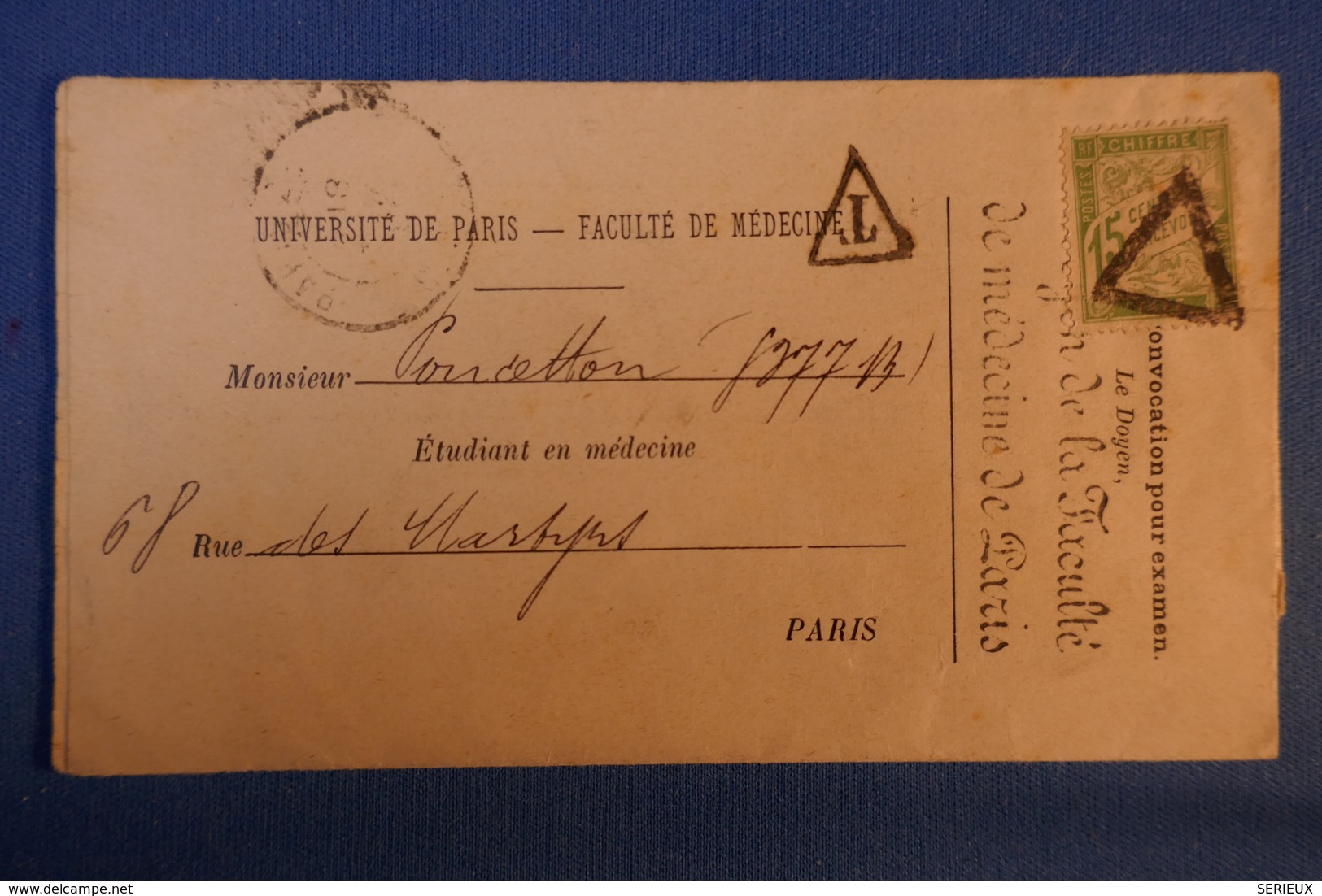 494 FRANCE  PETITE LETTRE  1901 PARIS TAXEE + TRIANGLE POUR LA RUE DES MARTYRS - 1859-1959 Covers & Documents