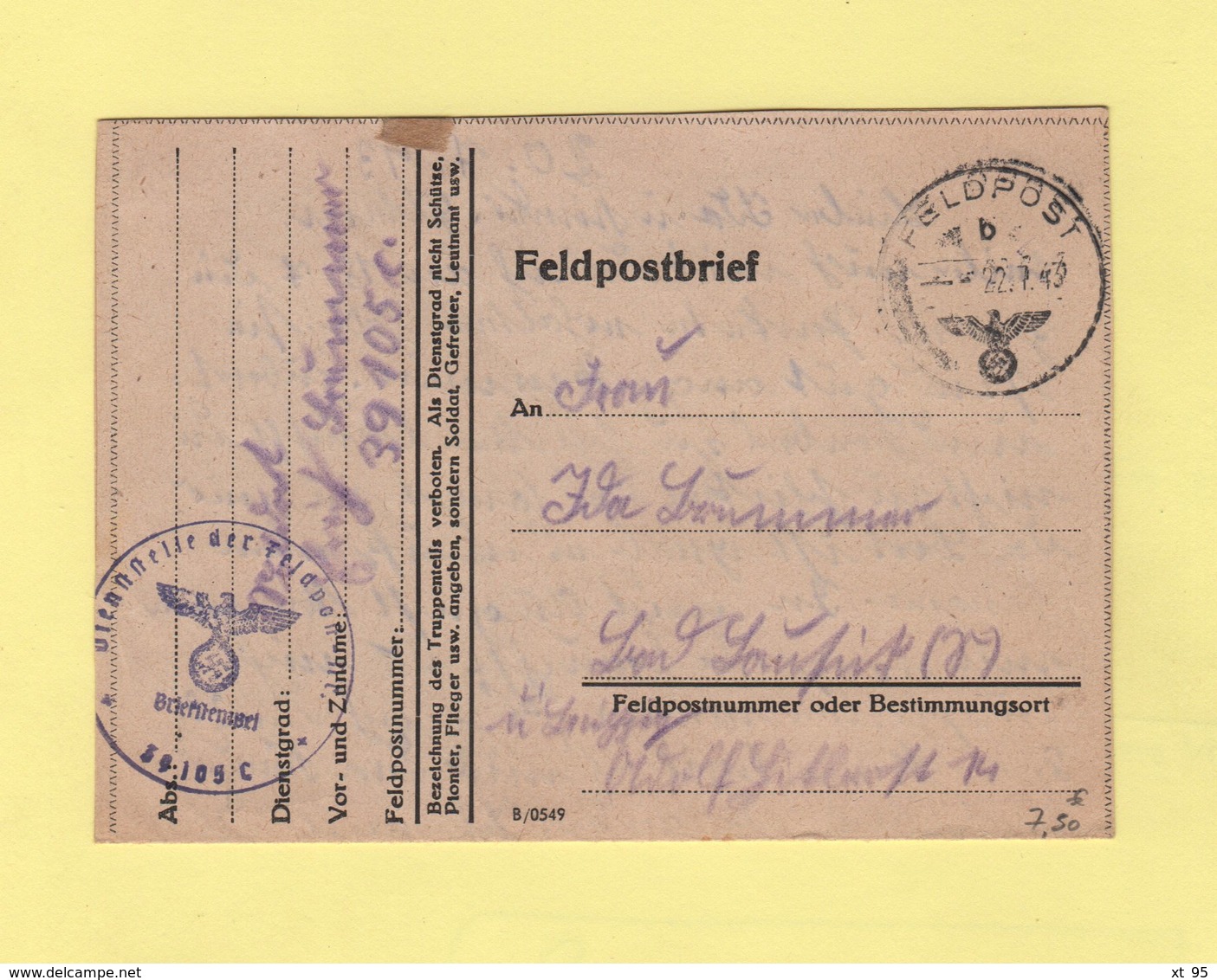 Dienststelle Der Feldpost 39105C - 22-7-1943 - Guerre De 1939-45