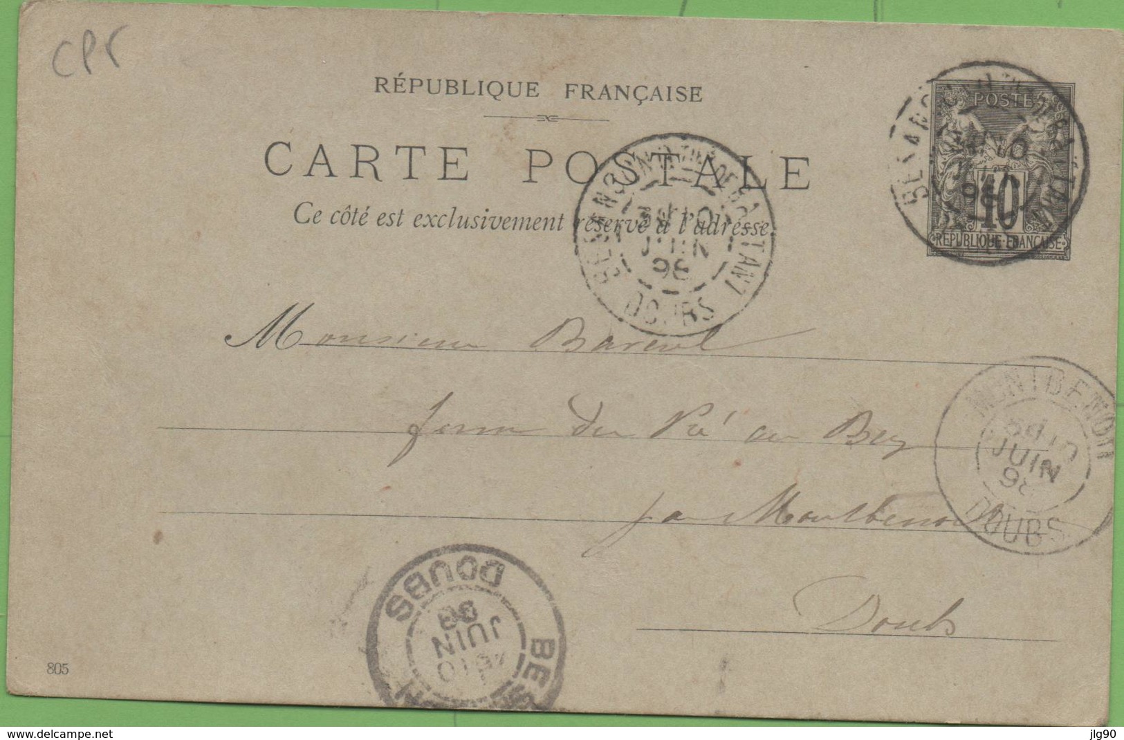 Entier Type Sage 10c CP5 De Besançon à Montbenoit 10/06/1898 - Cartes Postales Types Et TSC (avant 1995)