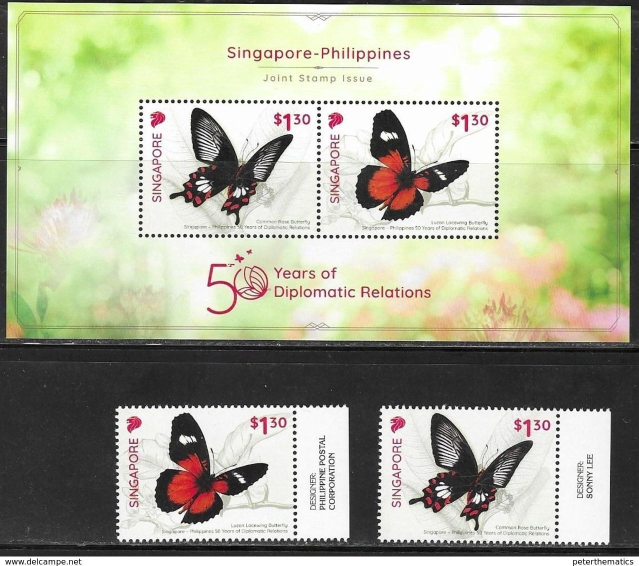 SINGAPORE, 2019, MNH, JOINT ISSUE WITH THE PHILIPPINES, DIPLOMATIC RELATIONS, INSECTS, BUTTERFLIES, 2v+S/SHEET - Butterflies