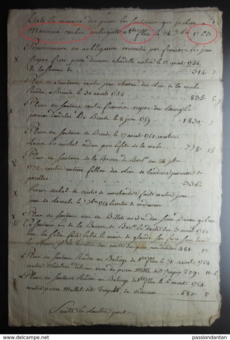 Manuscrit Du XVIIIe Siècle - Cantal - Saint-Flour - Protagoniste, Le Sieur Combes, Aubergiste Dans Ladite Commune - Manuscrits
