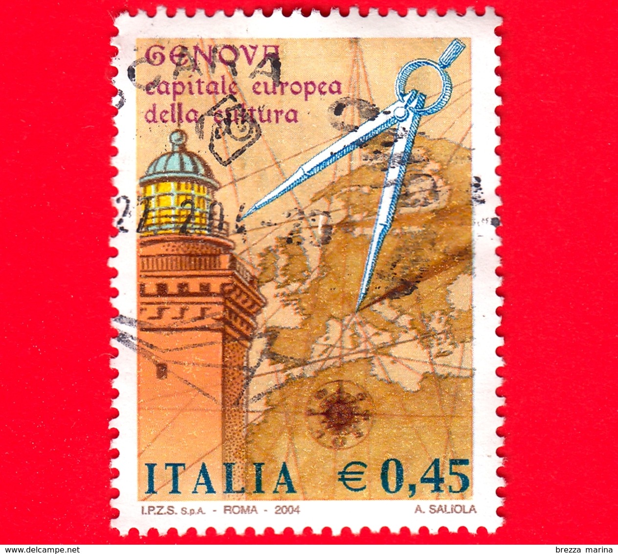 ITALIA - Usato - 2004 - Genova Capitale Europea Della Cultura - Lanterna Di Genova, Mappa E Compasso - 0,45 - 2001-10: Gebraucht