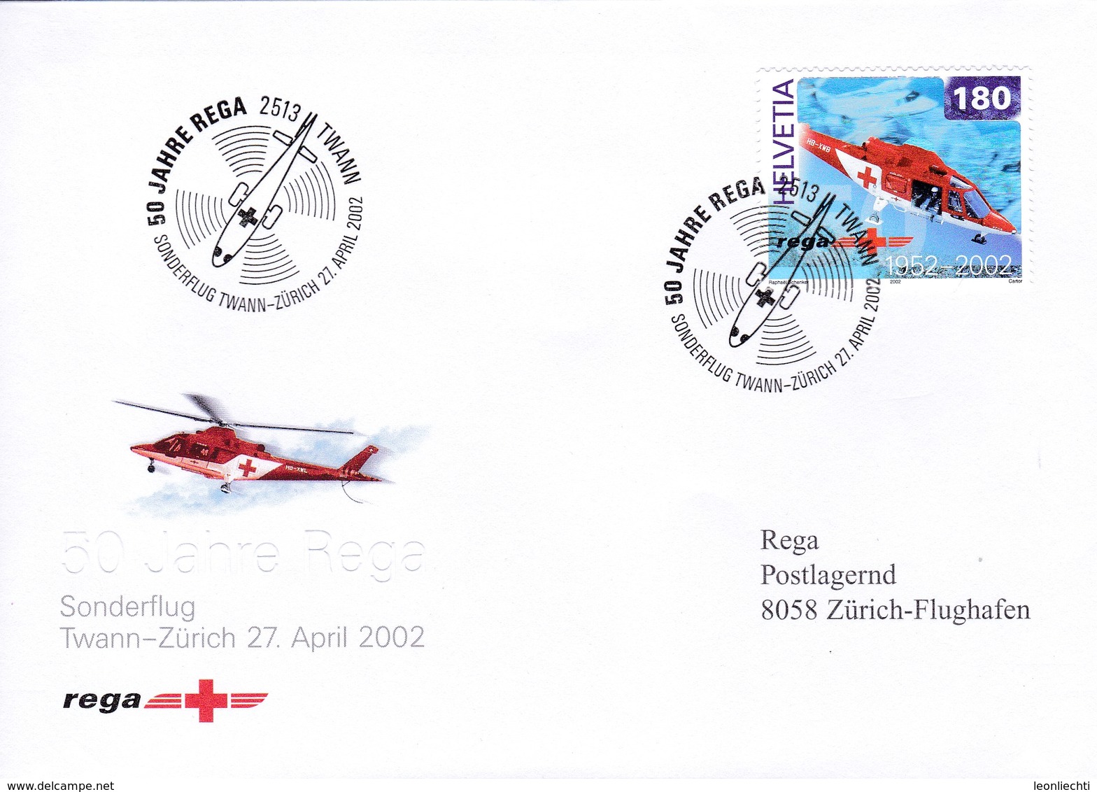 50 Jahre Rega, Sonderflug Twann - Zürich 27.April 2002 Mi: 1784 / Zu: 1040 Helikopter Agusta A-109-K2 - Erst- U. Sonderflugbriefe