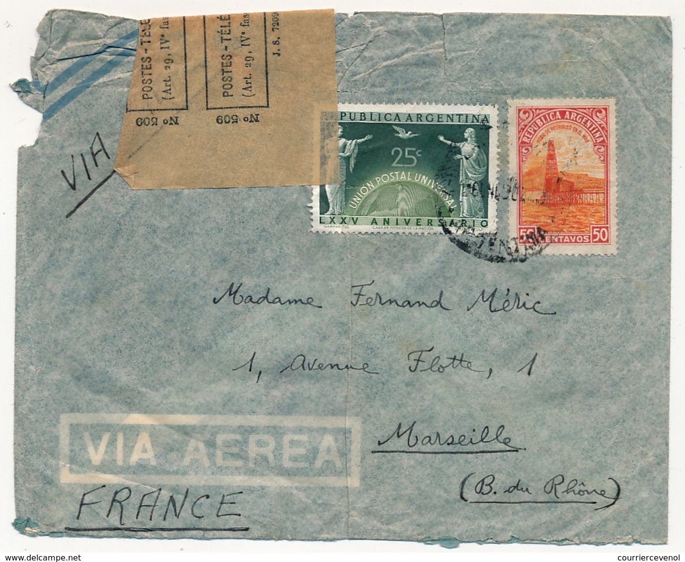 FRANCE - Env. Depuis Argentine Avec Cachet "Parvenu à Marseille En Mauvais état" + Bande PTT N°509 - 1982 (?) - Cachets Manuels