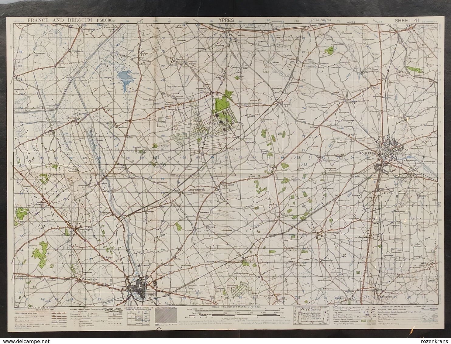 Militaire En Topografische Kaart UK War Office 1943 World War 2 WW2 Ieper Ypres Roeselare Zonnebeke Passendale Langemark - Topographische Karten