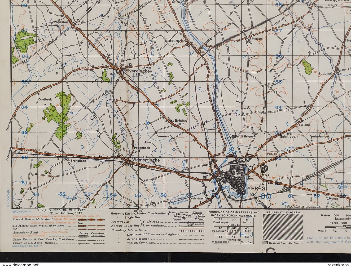 Militaire en Topografische Kaart UK War Office 1943 World War 2 WW2 Ieper Ypres Roeselare Zonnebeke Passendale Langemark