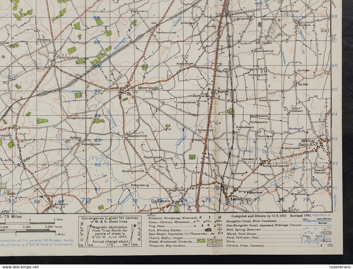 Militaire en Topografische Kaart UK War Office 1943 World War 2 WW2 Ieper Ypres Roeselare Zonnebeke Passendale Langemark