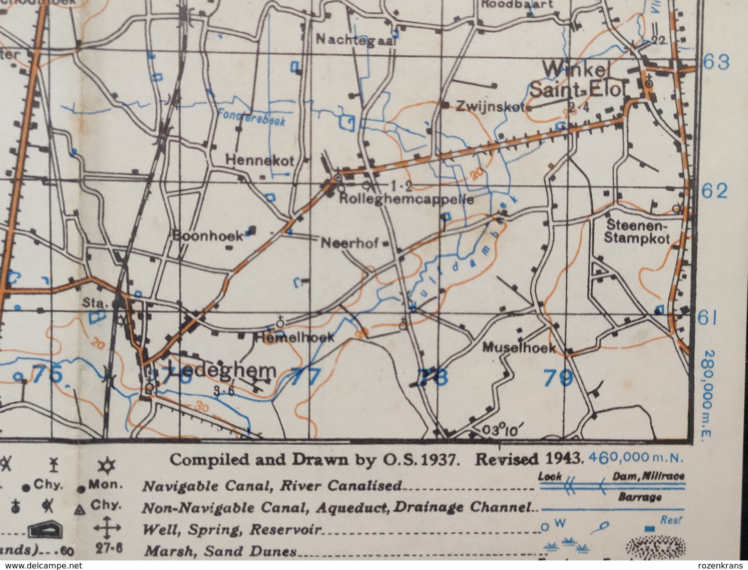 Militaire en Topografische Kaart UK War Office 1943 World War 2 WW2 Ieper Ypres Roeselare Zonnebeke Passendale Langemark