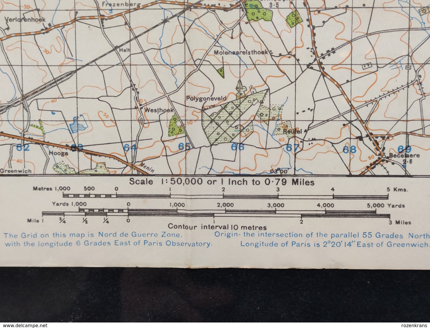 Militaire en Topografische Kaart UK War Office 1943 World War 2 WW2 Ieper Ypres Roeselare Zonnebeke Passendale Langemark