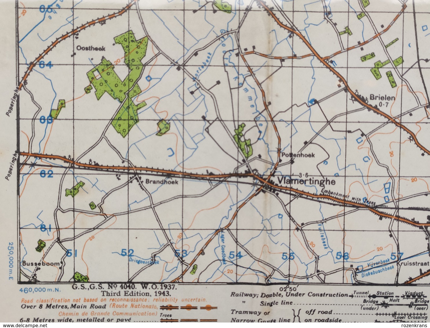 Militaire en Topografische Kaart UK War Office 1943 World War 2 WW2 Ieper Ypres Roeselare Zonnebeke Passendale Langemark