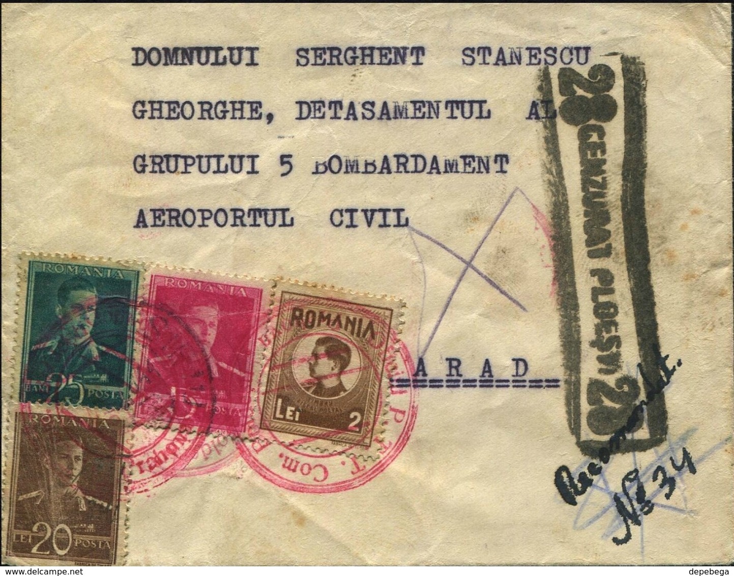 Romania 1944 - Censored Reg. Military Mail, Red Cachet Agentia PTT Com. Boldesti - Arad, Cenzurat Ploesti 28. - Rumänien