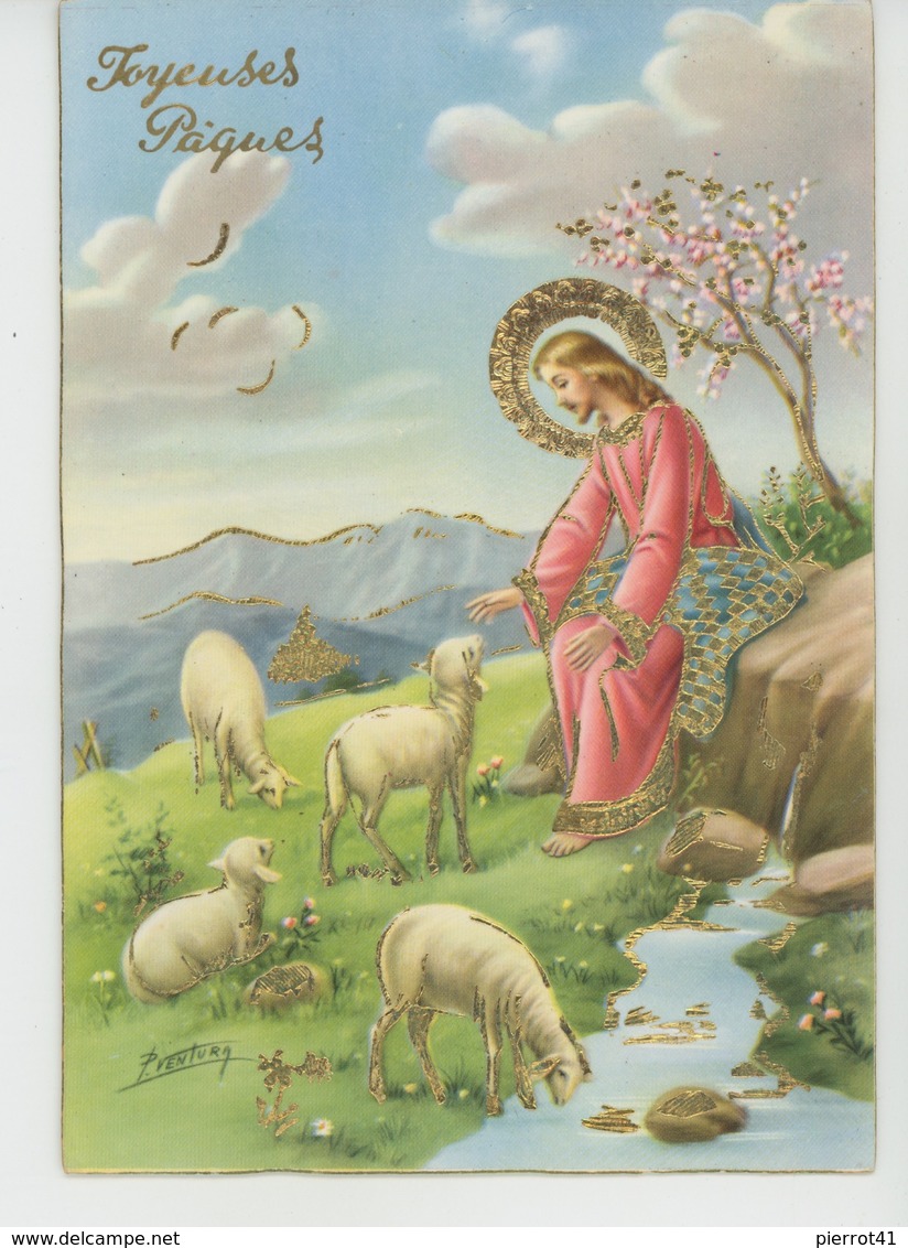 PAQUES - Jolie Carte Fantaisie Avec Dorures Christ Et Moutons De "Joyeuses Pâques " Signée VENTURA - CECAMI 7292 - Pasqua