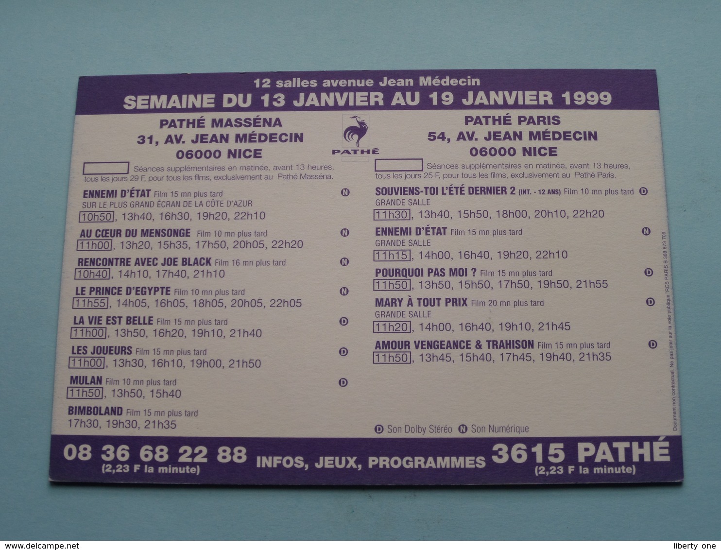VOUS AVEZ UN MESS@GE > Pathé NICE ( Programme ) 1999 ( Voir Photo > 2 Scan ) ! - Publicidad