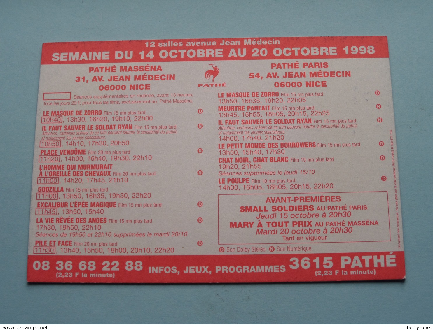 ARNAQUES, CRIMES & BOTANIQUE > Pathé NICE ( Programme ) 1998 ( Voir Photo > 2 Scan ) ! - Cinema Advertisement