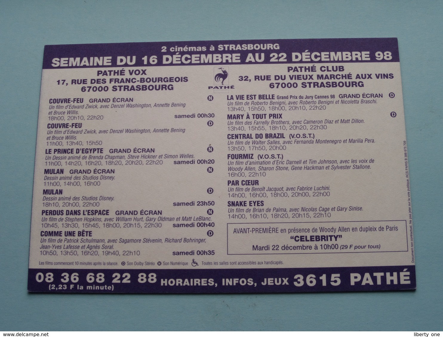 MULAN > Pathé STRASBOURG ( Programme ) 1998 ( Voir Photo > 2 Scan ) ! - Publicité Cinématographique