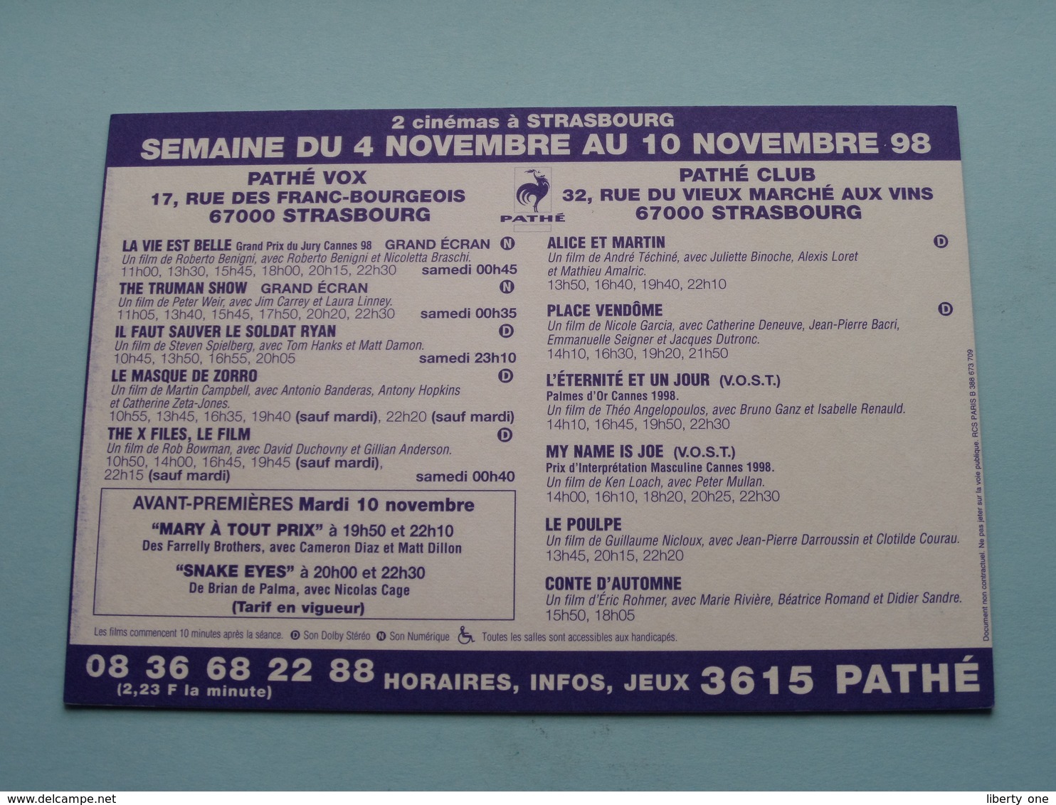 ELIZABETH > Pathé STRASBOURG ( Programme ) 1998 ( Voir Photo > 2 Scan ) ! - Publicité Cinématographique