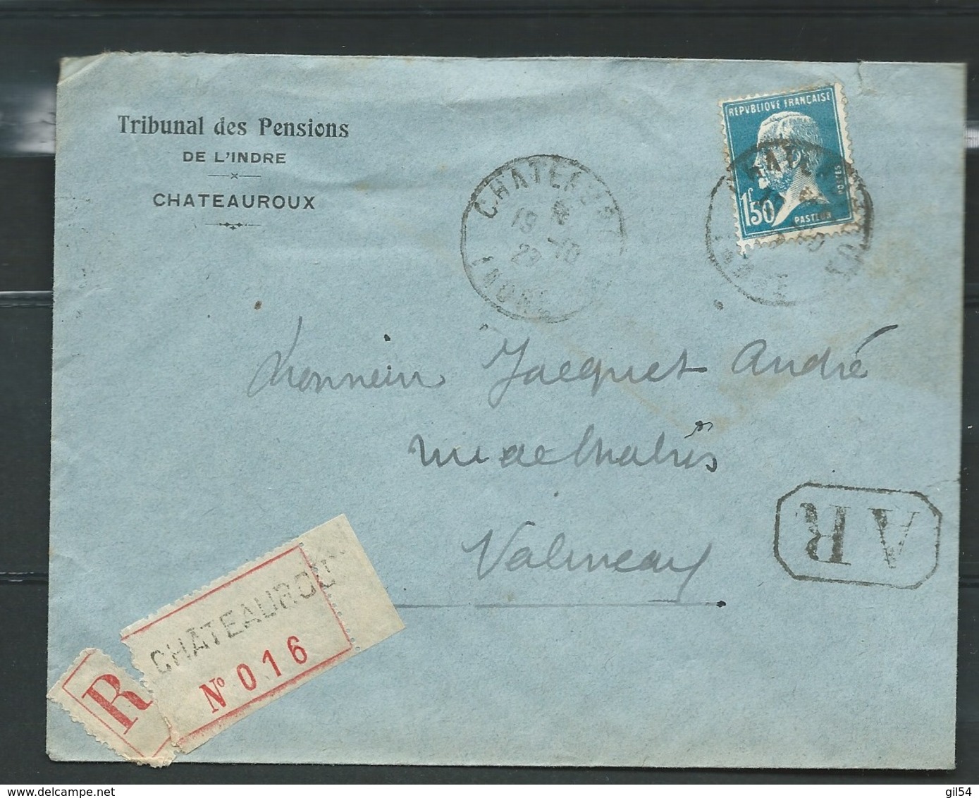 Lsc Recommandée De Chateauroux En Octobre 1927 Affranchie Par Pasteur Yvert N° 180 - Am22310 - 1922-26 Pasteur