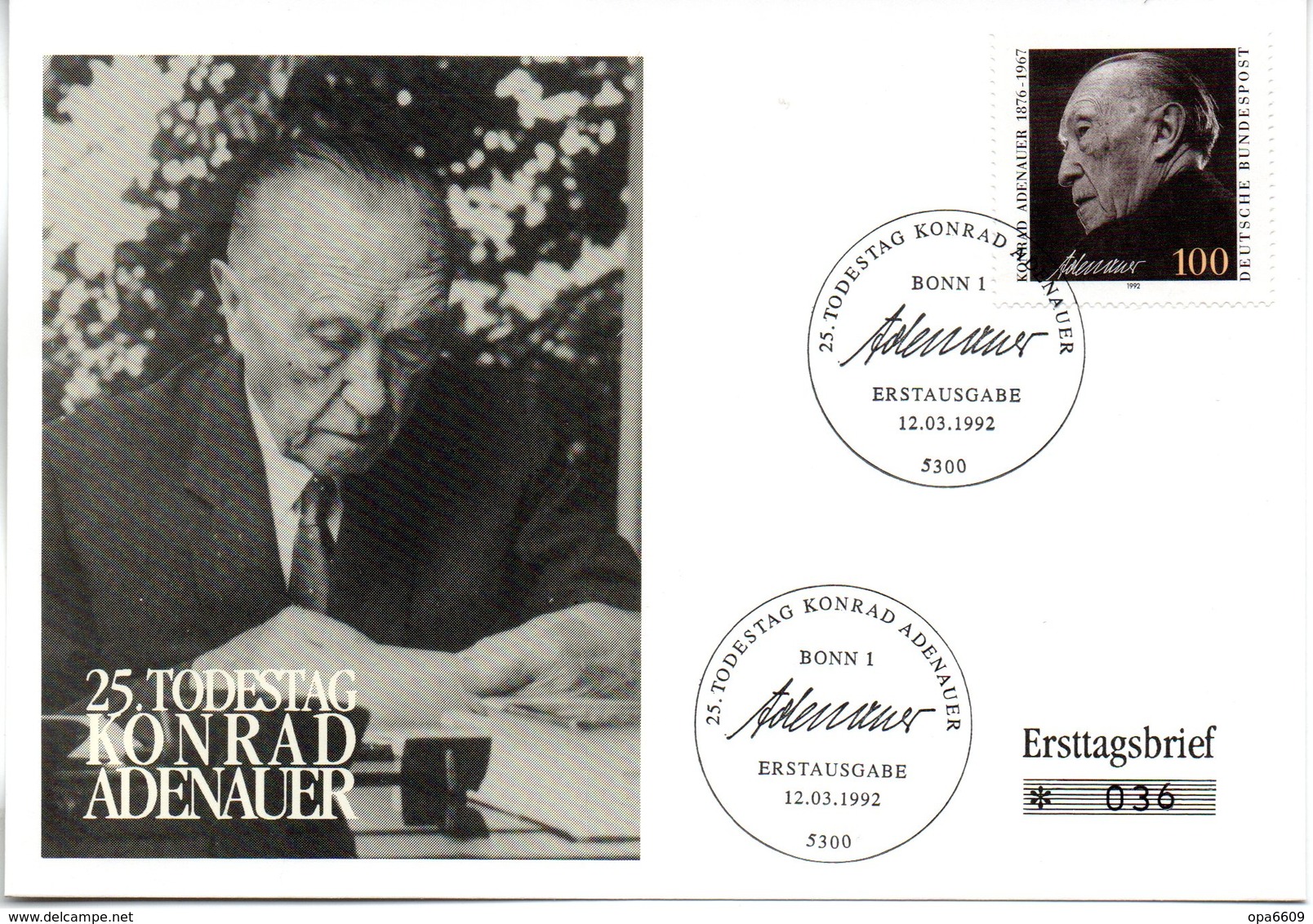 BRD Gedenk-FDC "25.Todestag Von Konrad Adenauer" Mi. 1601 ESSt 12.3.1992 BONN 1 - Other & Unclassified